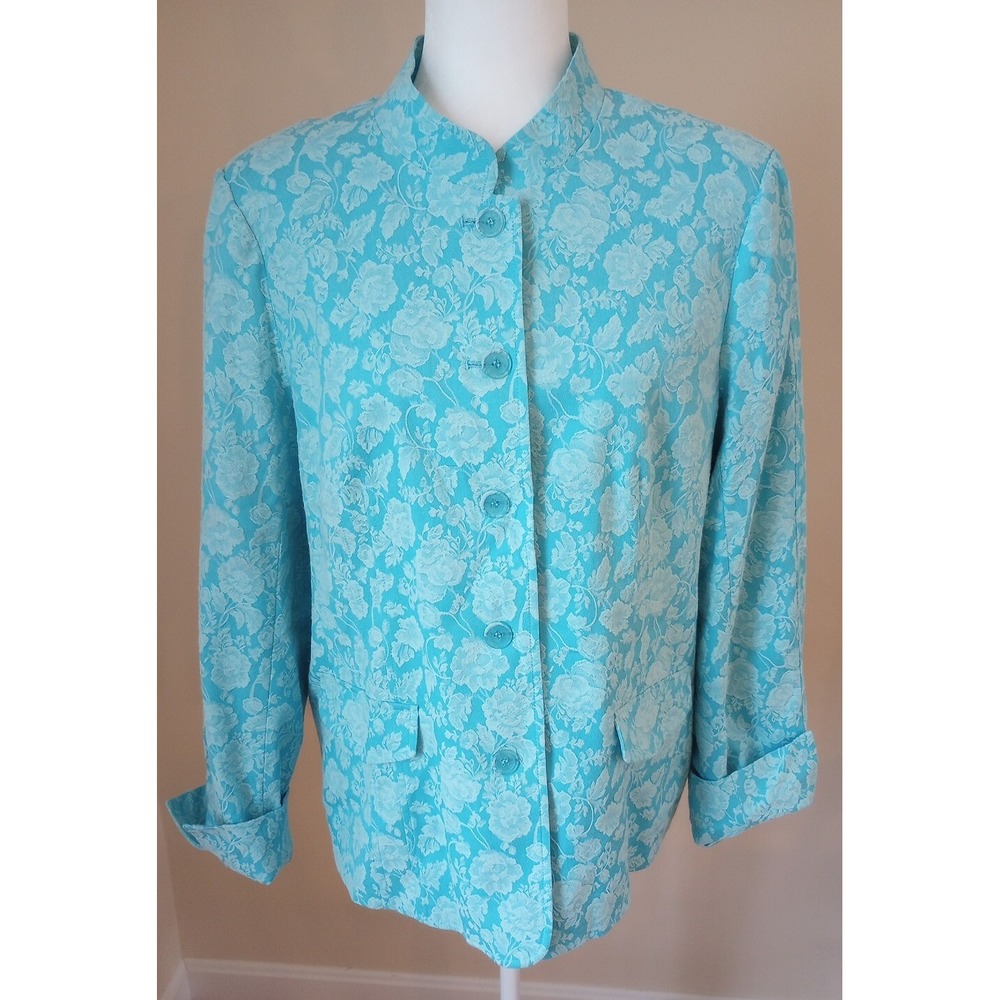 Dialogue Ladies Brocade‎ Jacket W/Fold Over Cuffs Size:L Color:Light Teal NWT